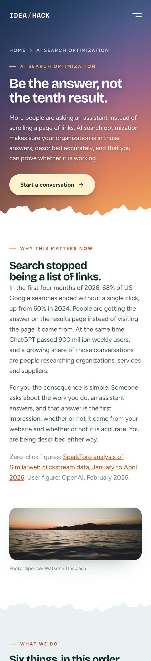 Ideahack's AI search optimization page on a phone