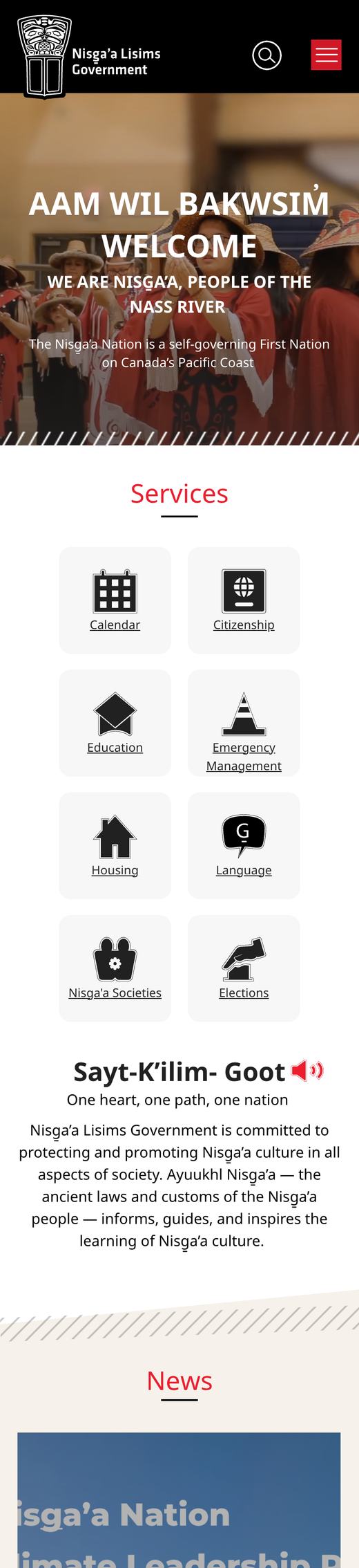 nisgaanation.ca on a phone, built mobile-first for members on the go