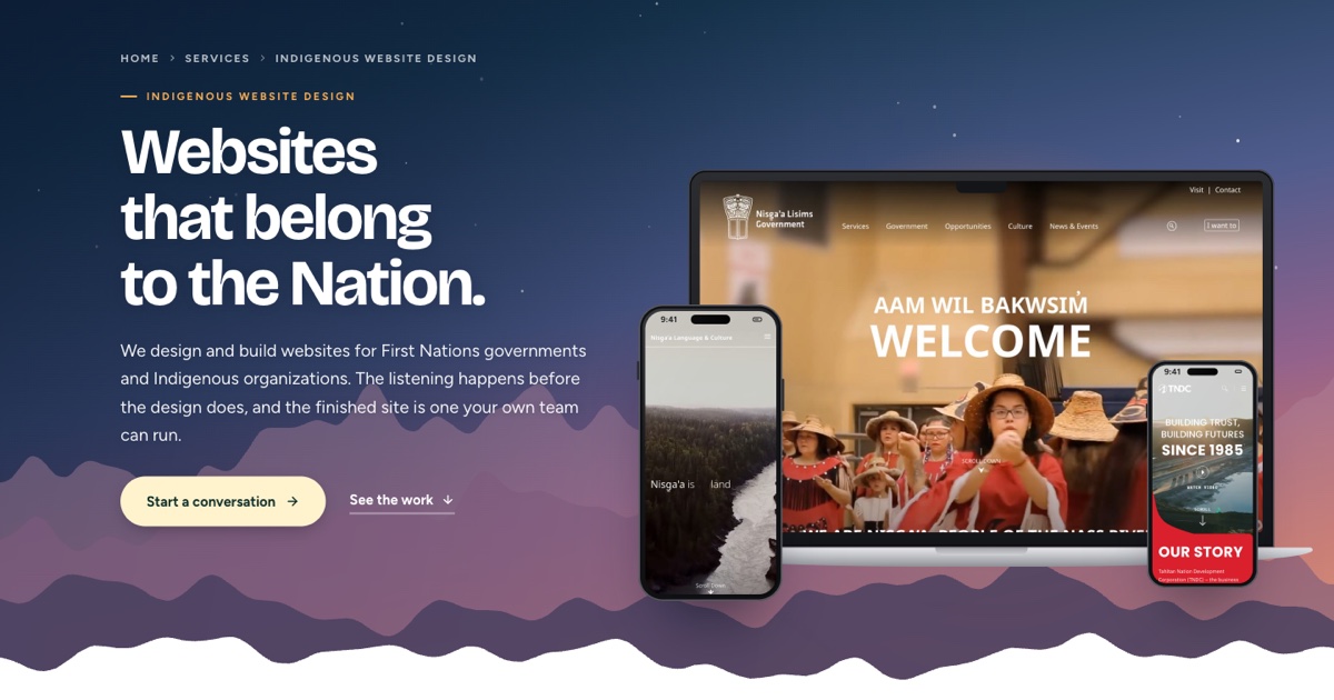 Websites for First Nations governments and organizations built by Ideahack, shown on laptops and phones